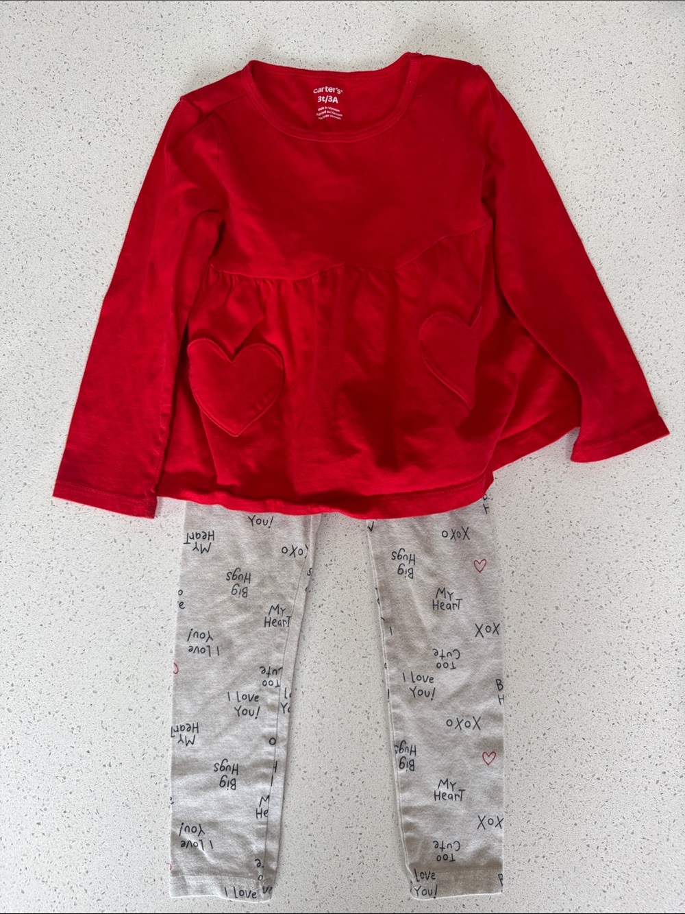 Carter's Red Heart-Pocket Top with Gray Script Leggings outfit. size 3T